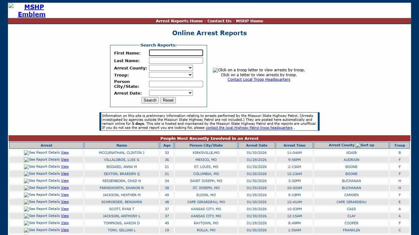 Missouri State Highway Patrol - Arrest Reports